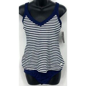Nike Tankini Swim Suit Size Medium Blue White Striped Crossback Summer Women New